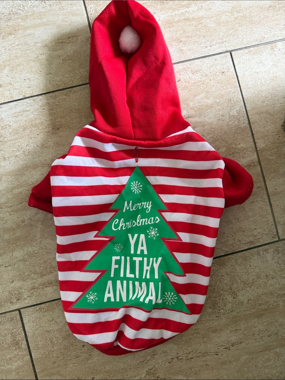 Small Dog Red & White Striped Holiday Dog Hoodie with Green Tree Graphic